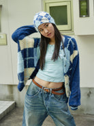 Retro 21 Faux Mink Argyle Cardigan in Blue - On Female Model