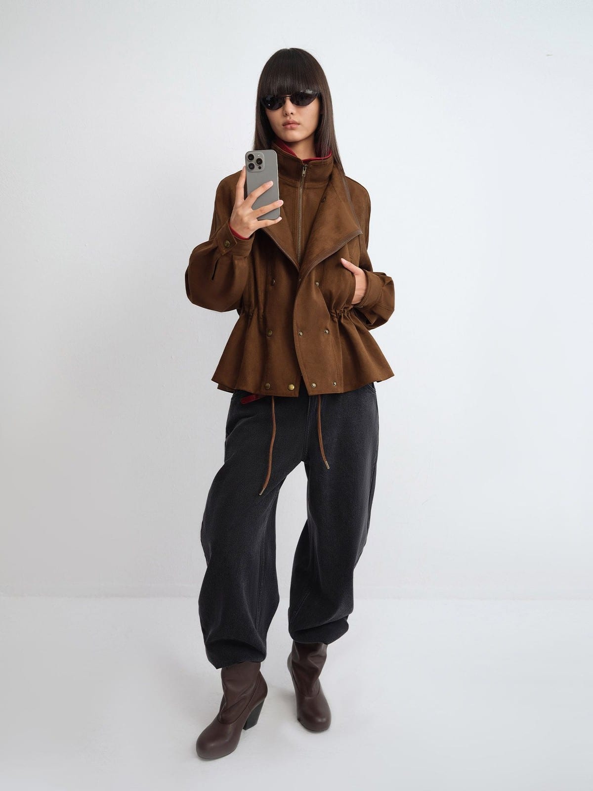 RARELY ALIKE Layered Drawstring Stand Collar Jacket in Brown - On Female Model