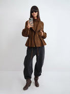 RARELY ALIKE Layered Drawstring Stand Collar Jacket in Brown - On Female Model