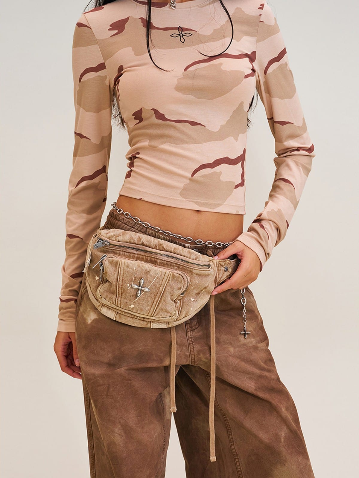SMFK Distressed Denim Waist Bag in Denim - On Female Model