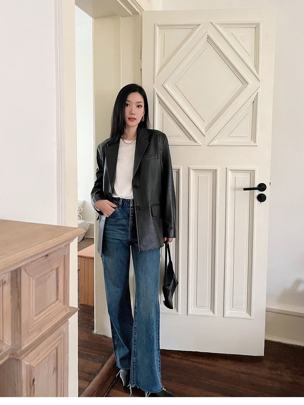 MSBEAST Vegetable Tanned Sheepskin Blazer in Black - On Female Model