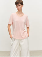 MSBEAST Rolled Edge Silk Cotton U Neck T Shirt in Pink - On Female Model