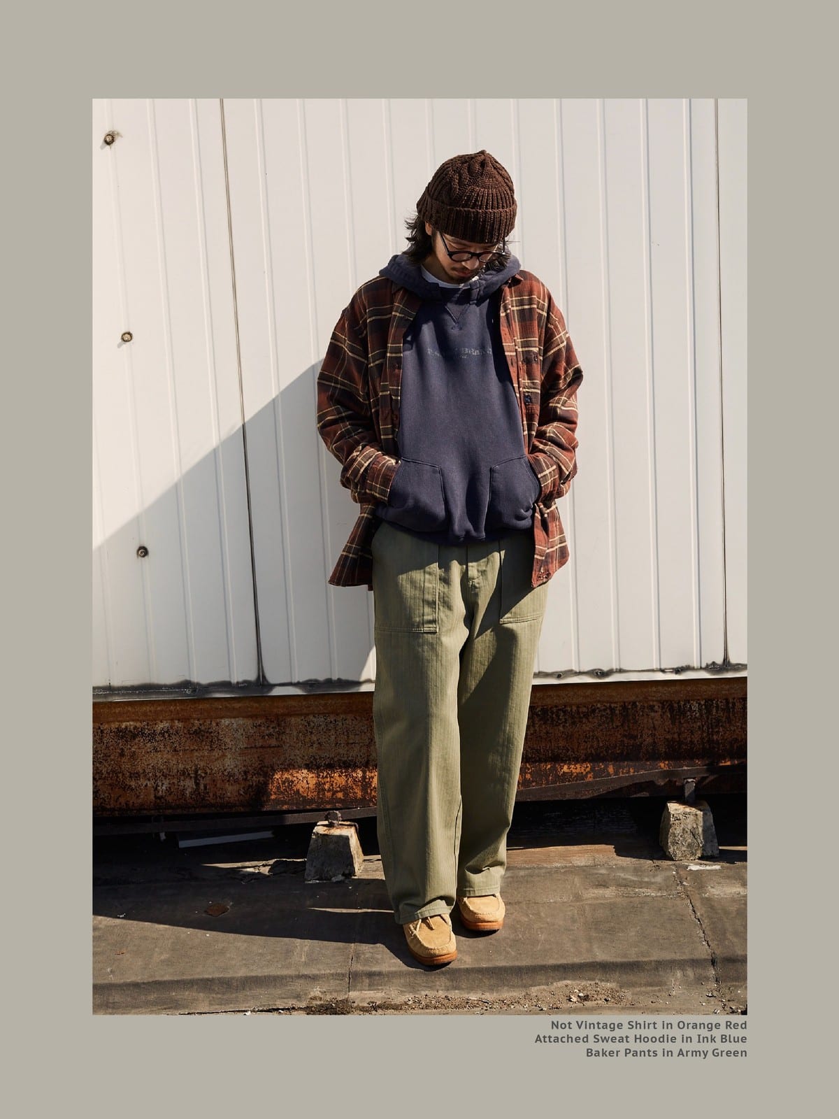 USAGE Heavyweight Herringbone Baker Pants in Olive - On Male Model