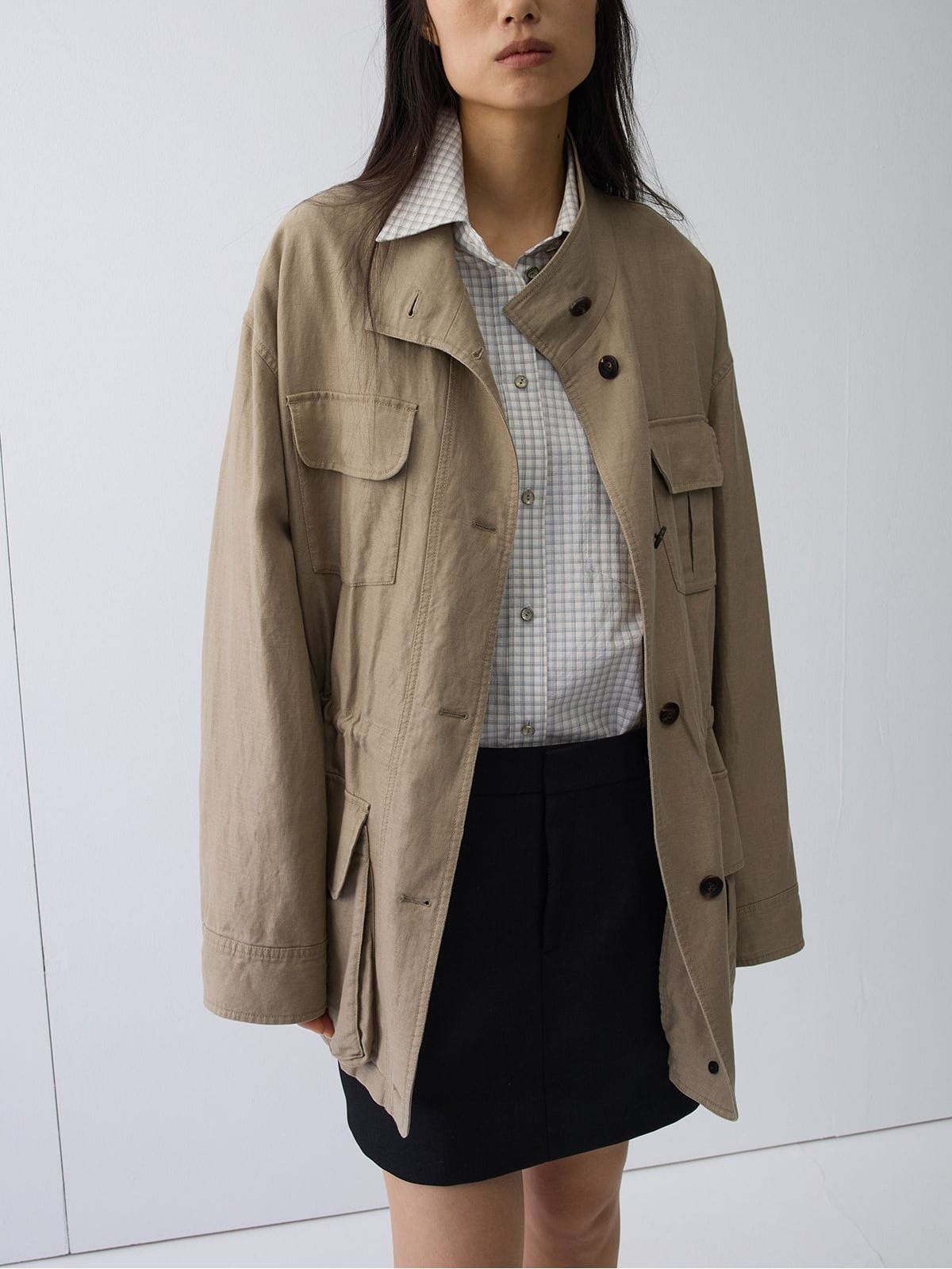 Random Piece Linen Blend Multi Pocket Cargo Jacket in Beige - On Female Model