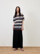 Random Piece Semi Sheer Striped Knit Top in Blue - On Female Model