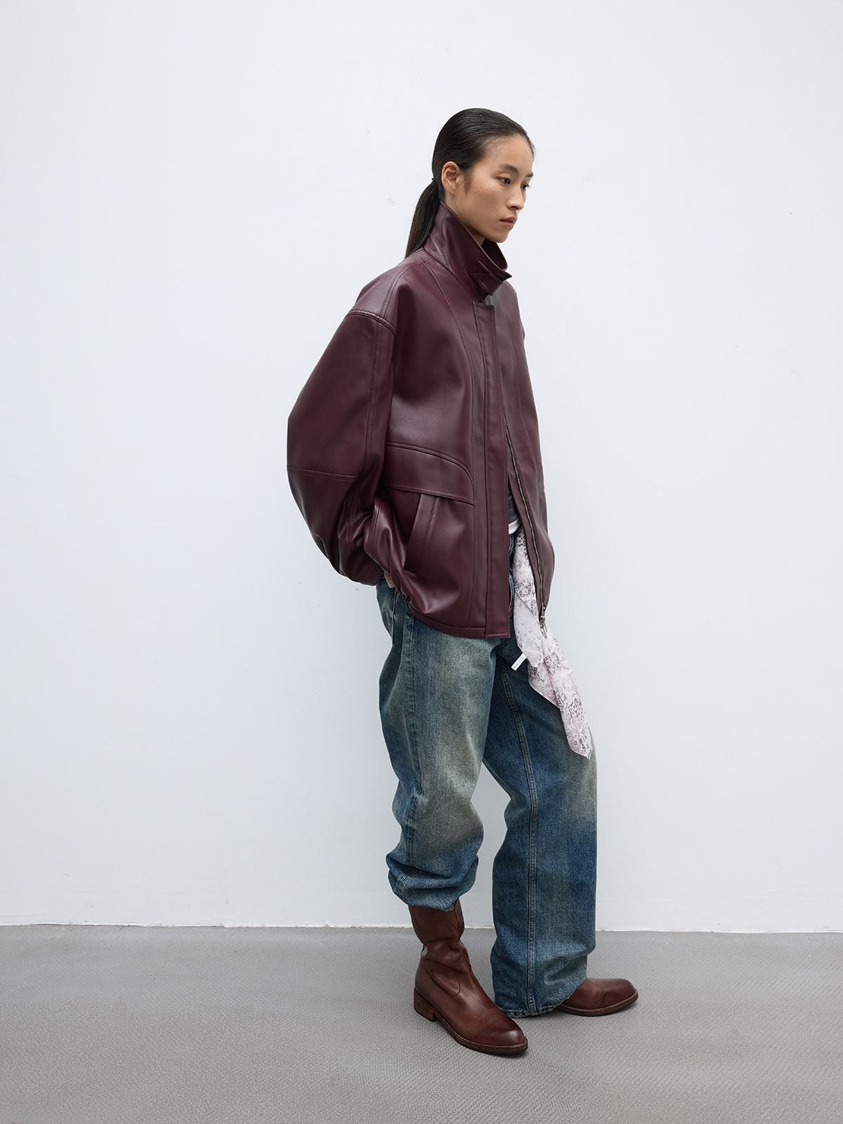 Random Piece Drop Shoulder Matte Faux Leather Jacket in Burgundy - On Female Model