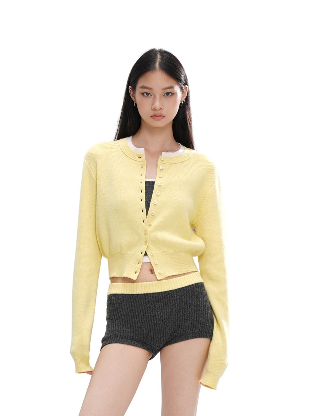SweetChilling Colorblock Ribbed Knit Shorts in Gray - On Female Model