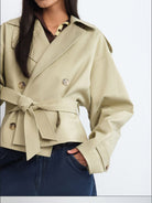 RARELY ALIKE Belted Cropped Trench Jacket in Beige - On Female Model