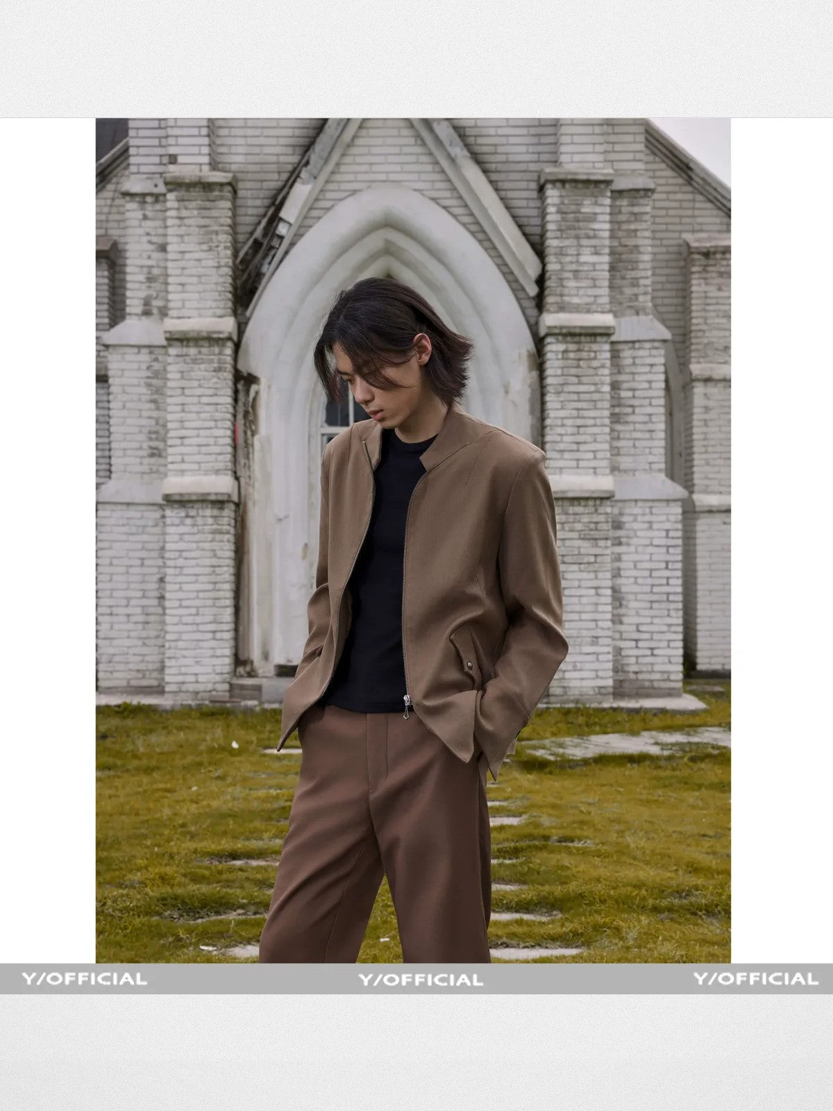 Y OFFICIAL Zip Stand Collar Jacket in Olive - On Male Model