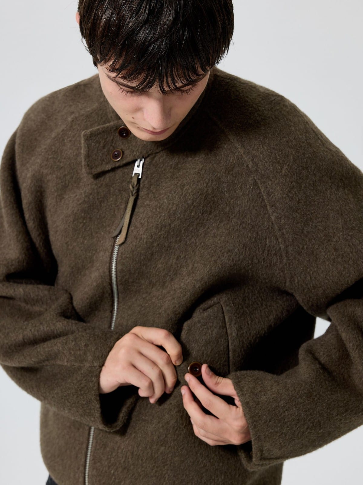 SIMPLE PROJECT Double Faced Wool Harrington Jacket in Brown - On Male Model