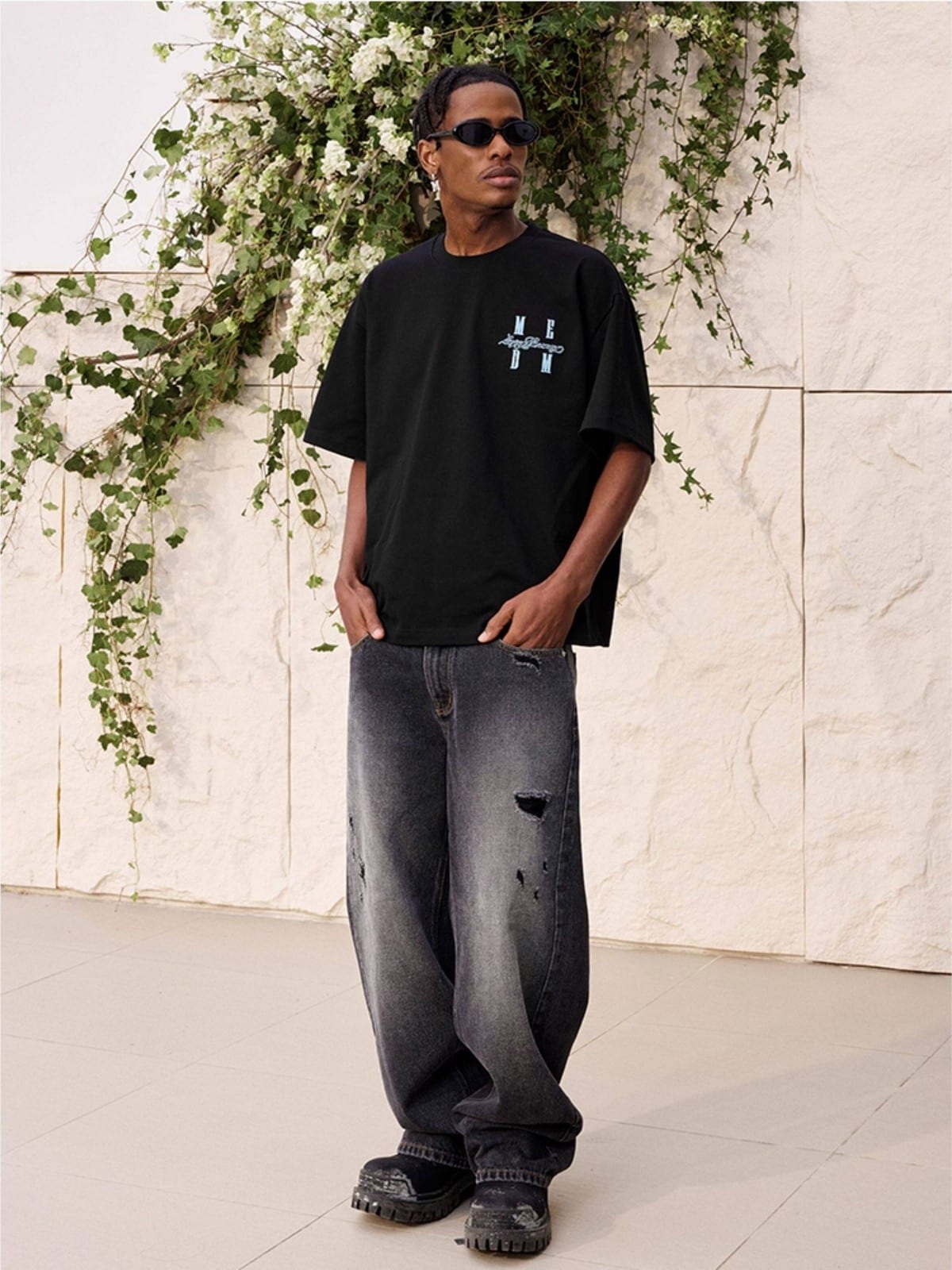 MEDM Tufted Logo Cotton T Shirt in Black - On Male Model