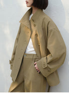 TEASEL Short Stand Collar Trench Coat in Khaki - On Female Model