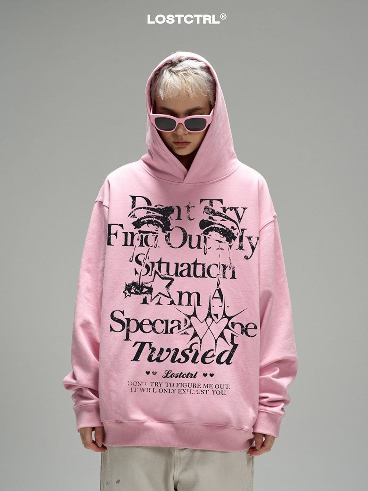 LOSTCTRL Graphic Print Fleece Hoodie in Pink - On Female Model