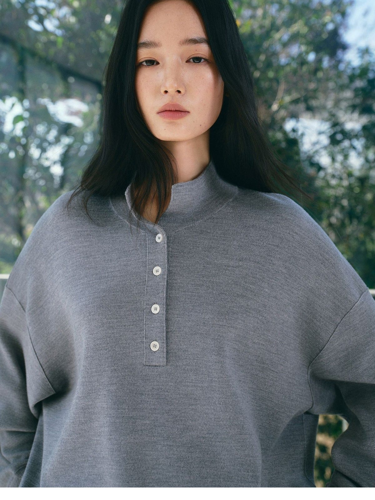 TEASEL Worsted Wool Henley Sweatshirt in Gray - On Female Model