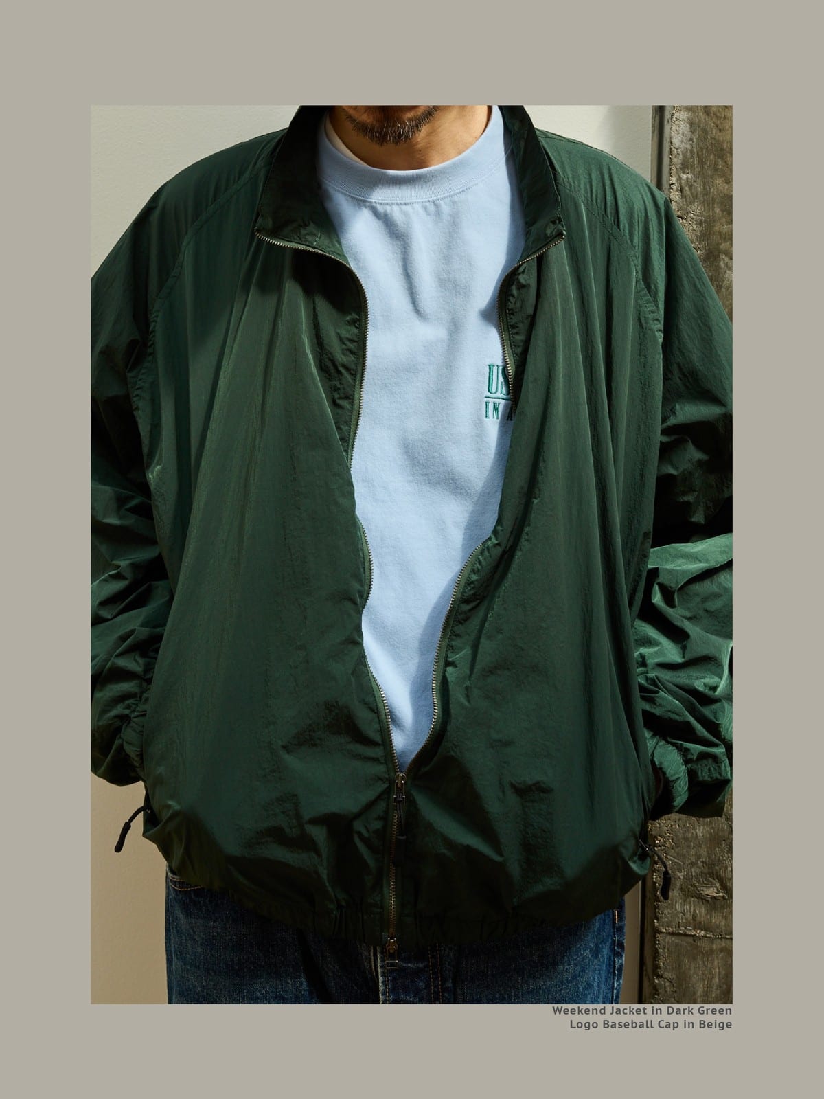USAGE Lightweight Nylon Zip Up Jacket in Green - On Male Model