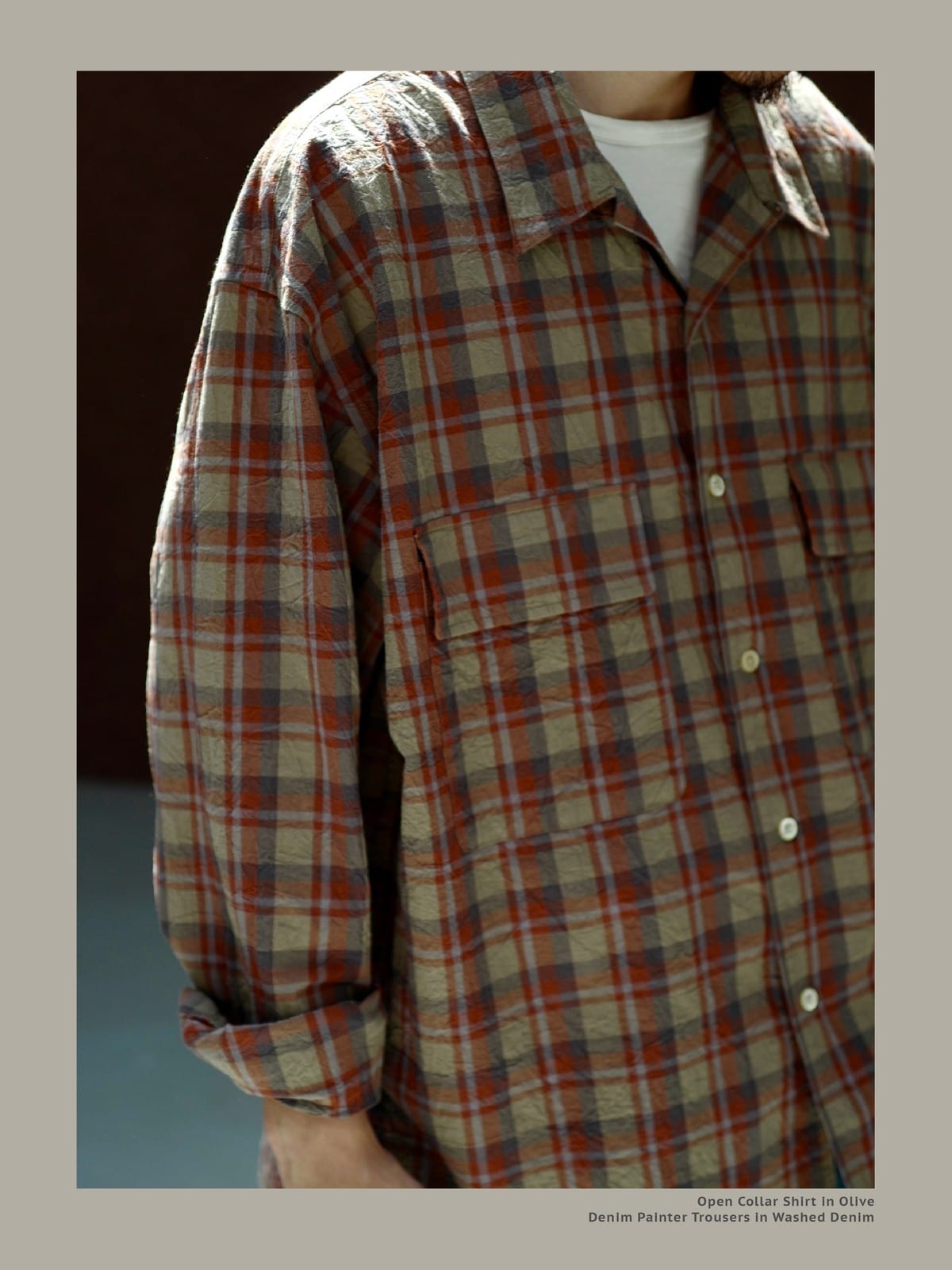 USAGE Washed Crinkle Plaid Open Collar Shirt in Orange - On Male Model