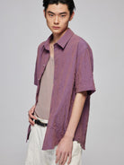 SIMPLE PROJECT Crinkled Linen Blend Short Sleeve Shirt in Purple - On Male Model