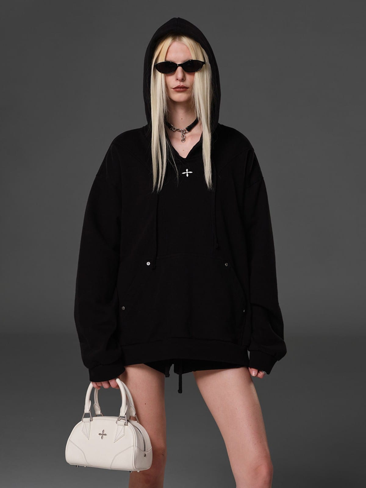 SMFK Cotton Wool Blend Oversized Hoodie in Black - On Female Model