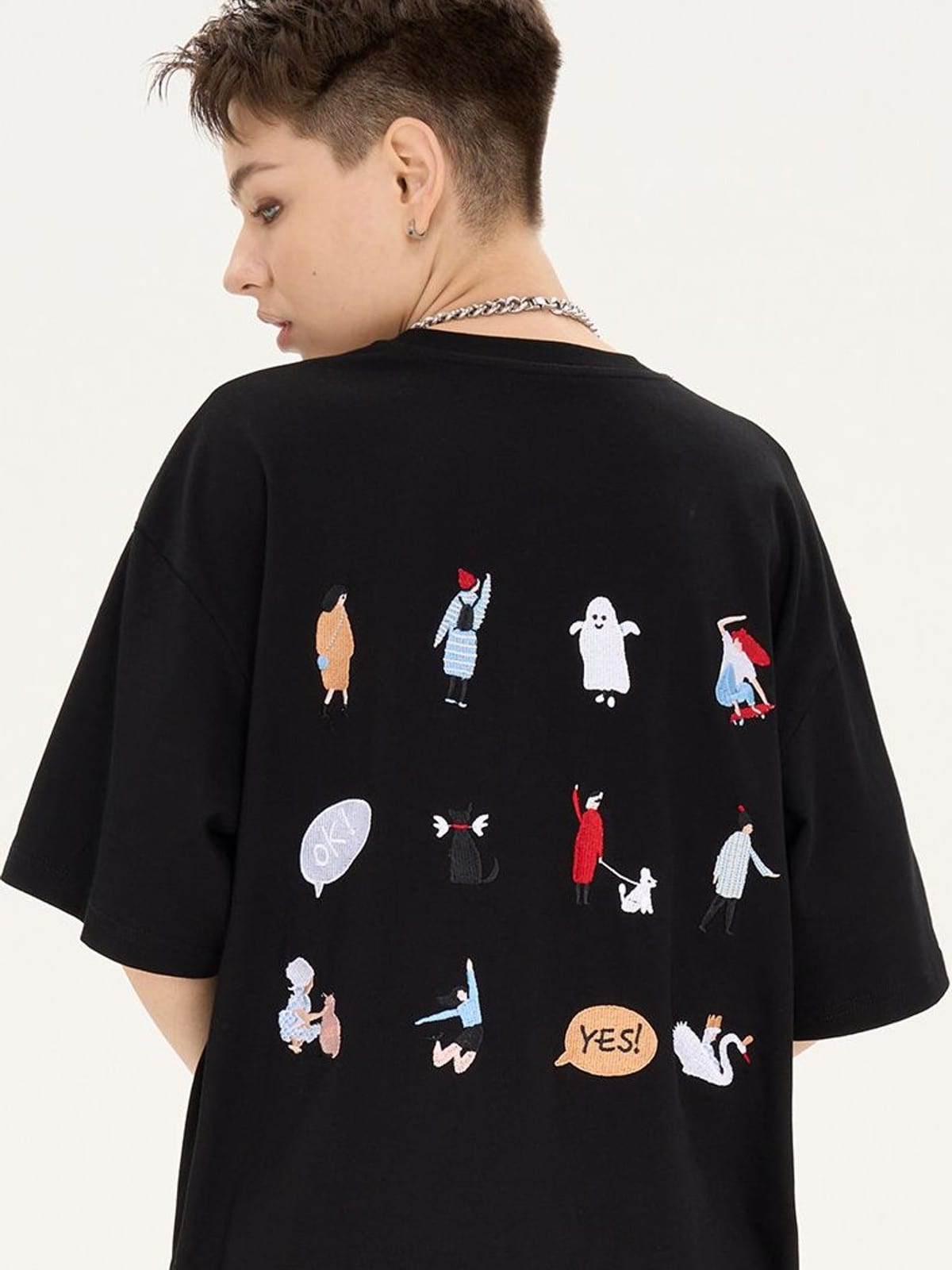 LOSTCTRL Cartoon Embroidery Cotton T Shirt in Black - On Female Model