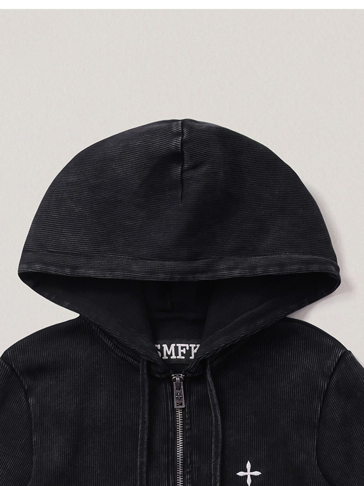 SMFK Vintage Wash Zip Up Cotton Hoodie in Black - Detail