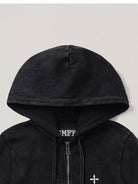SMFK Vintage Wash Zip Up Cotton Hoodie in Black - Detail