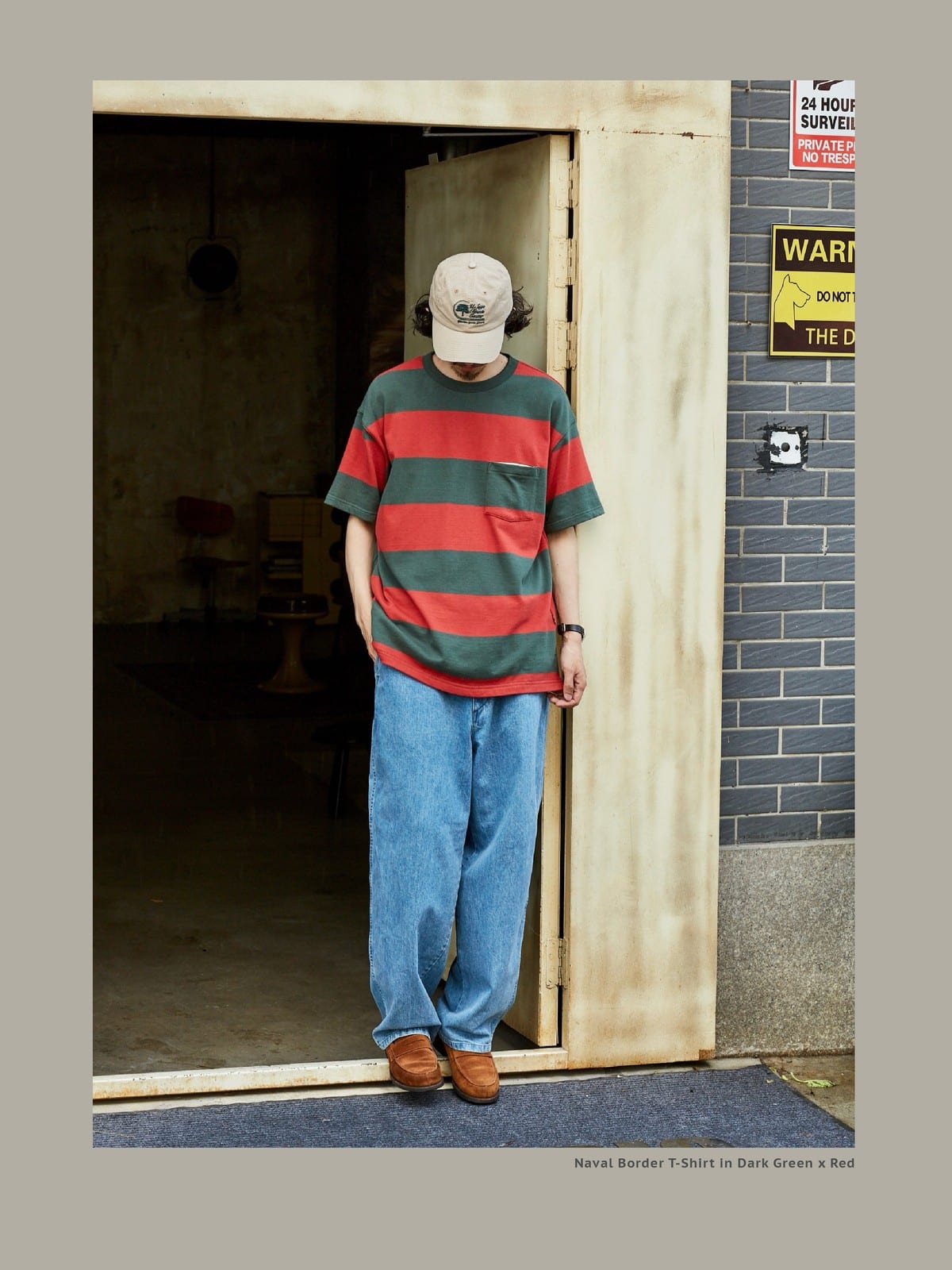 USAGE Wide Striped Cotton Pocket T Shirt in Green - On Male Model