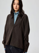 SIMPLE PROJECT Lyocell Ramie Pleated V Neck Shirt in Brown - On Female Model