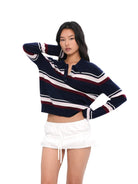 SweetChilling Striped Wool Blend Polo Sweater in Navy Blue - On Female Model