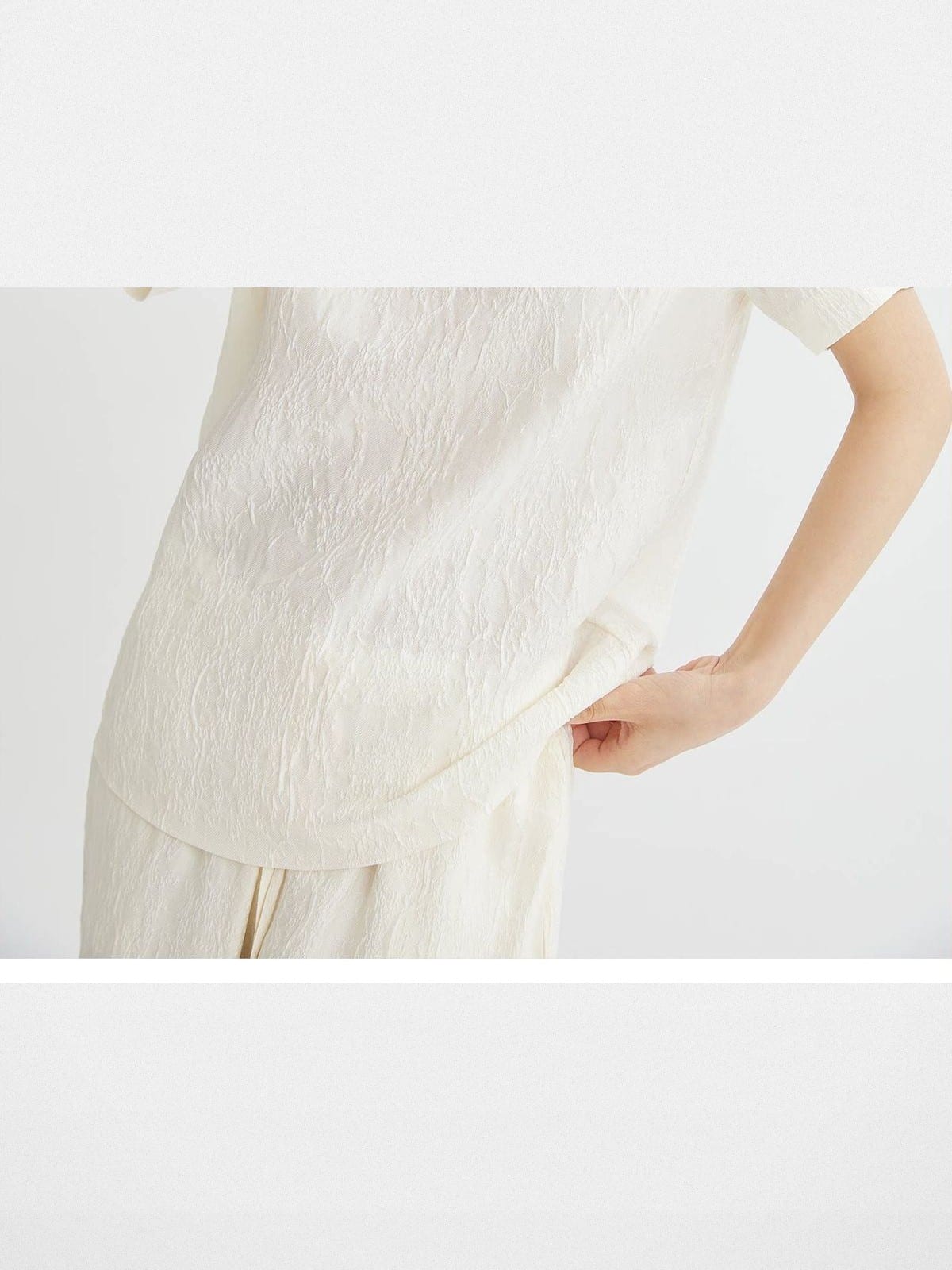 TEASEL Silk Jacquard Top Wide Leg Trousers Set in White - On Female Model
