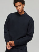 SIMPLE PROJECT Spacer Fabric Slit Hem Sweatshirt in Navy Blue - On Male Model