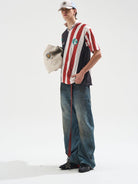 BLINDNOPLAN Digital Print Color Block Jersey Polo in Black - On Male Model