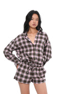 SweetChilling Cotton Plaid Drawstring Shorts in Pink - On Female Model