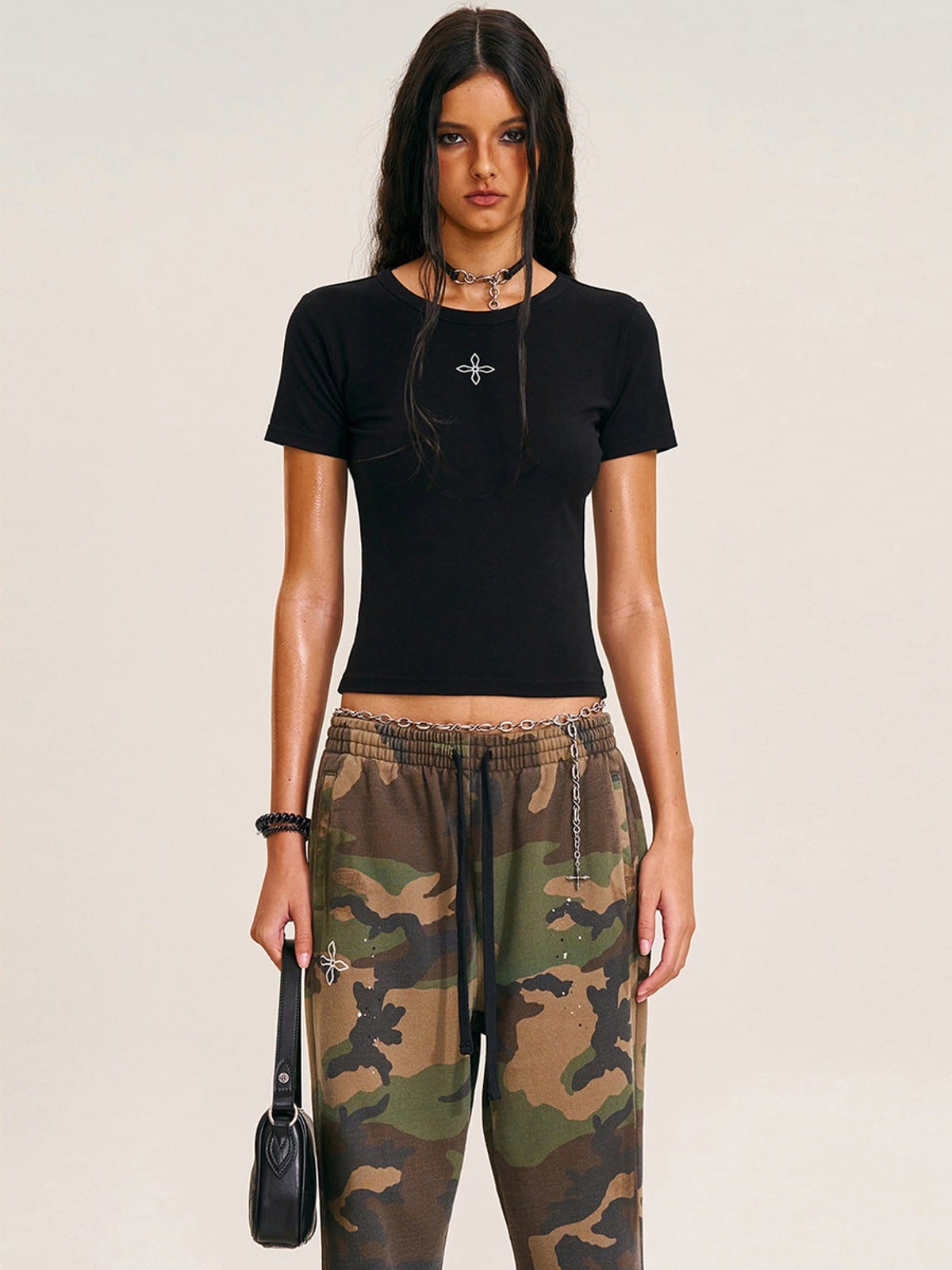 SMFK Acetate Blend Cross Graphic T Shirt in Black - On Female Model