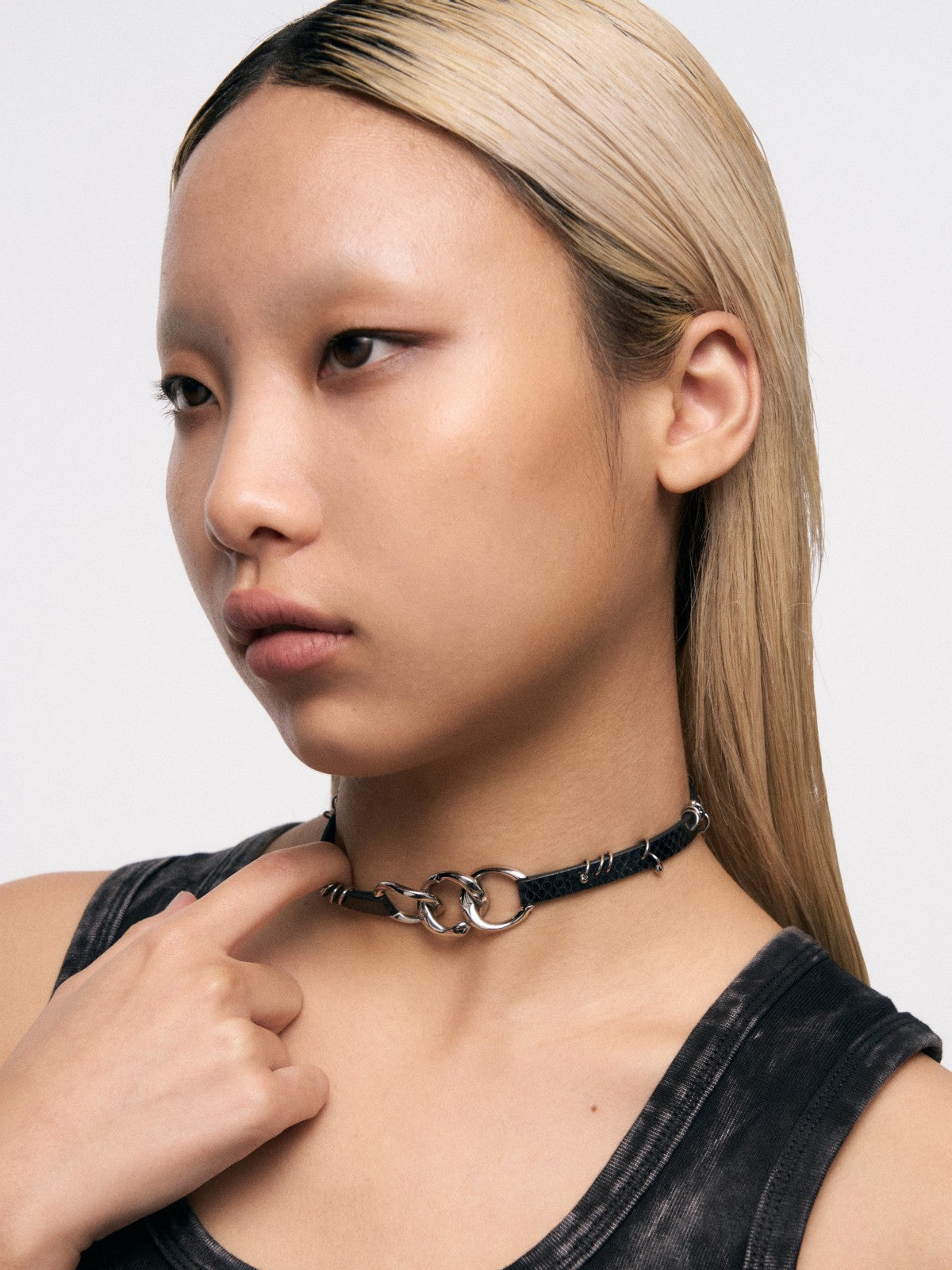 BLACKHEAD Three Snakes Piercing Choker in Black - On Female Model