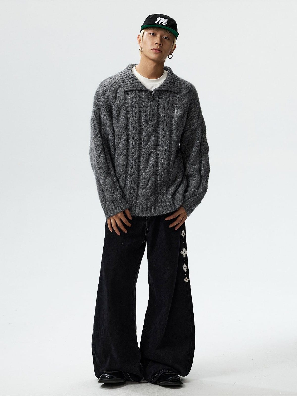 MEDM Cable Knit Quarter Zip Sweater in Gray - On Male Model