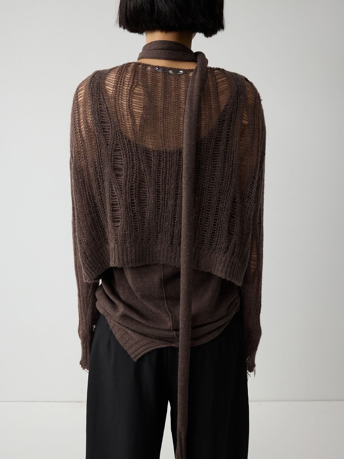 Random Piece Alpaca Blend Scarf Tie Knit Vest in Brown - On Model