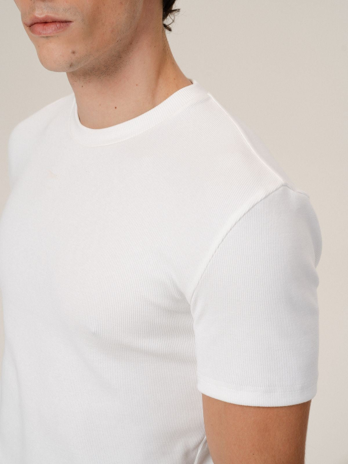 Retro 21 Ribbed Cotton Crew Neck T Shirt in White - On Male Model