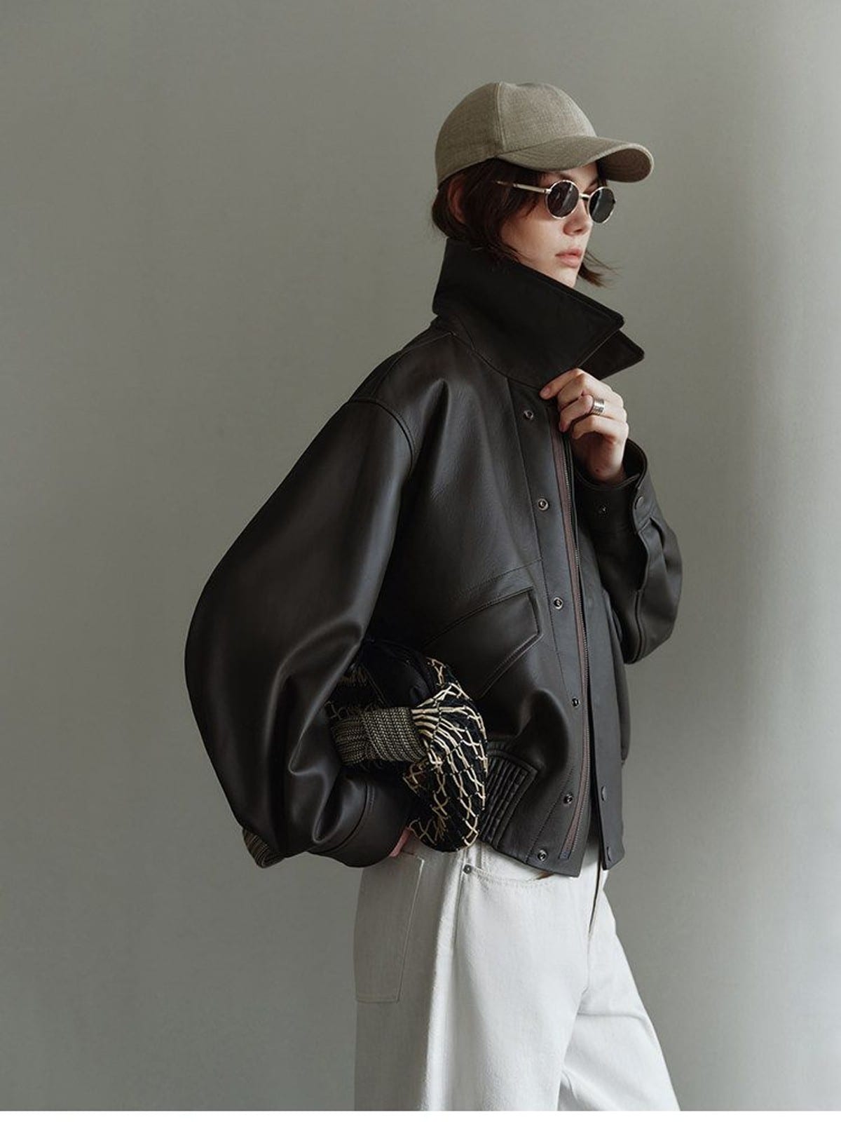 MSBEAST Cow Leather Flight Jacket in Brown - On Female Model
