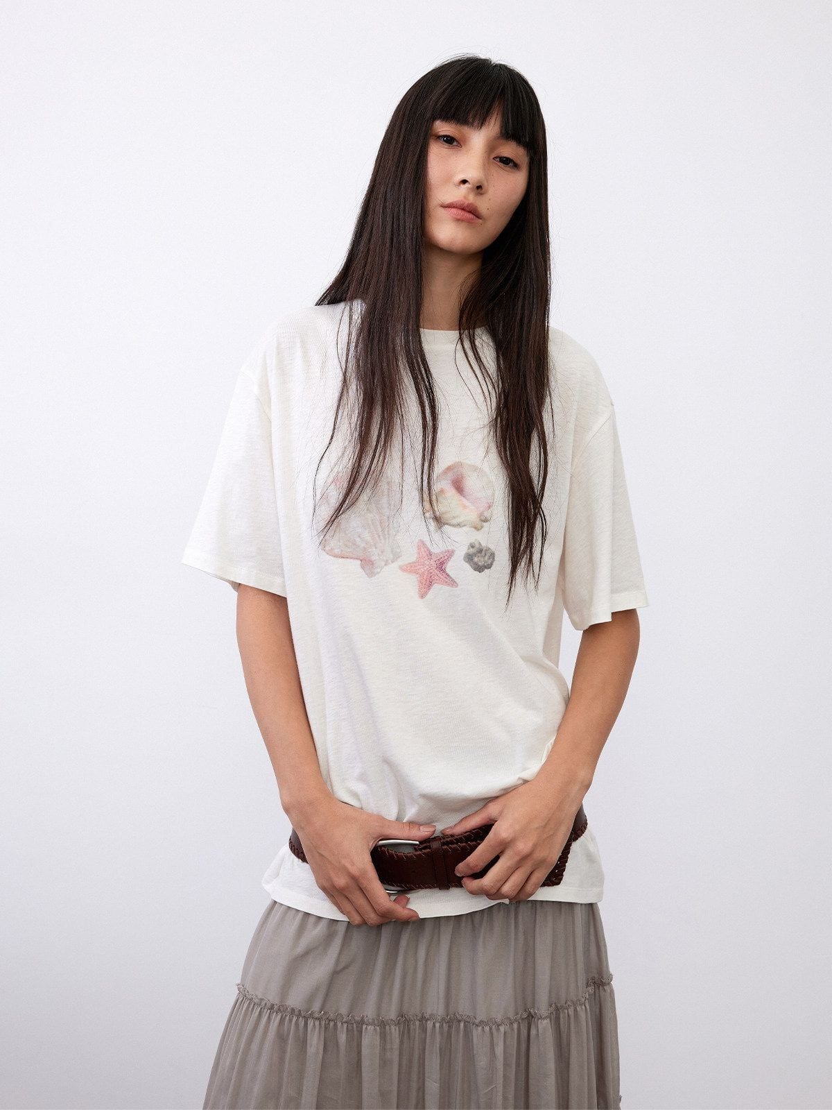 Random Piece Shell Print Cotton Lyocell T Shirt in Cream - On Female Model