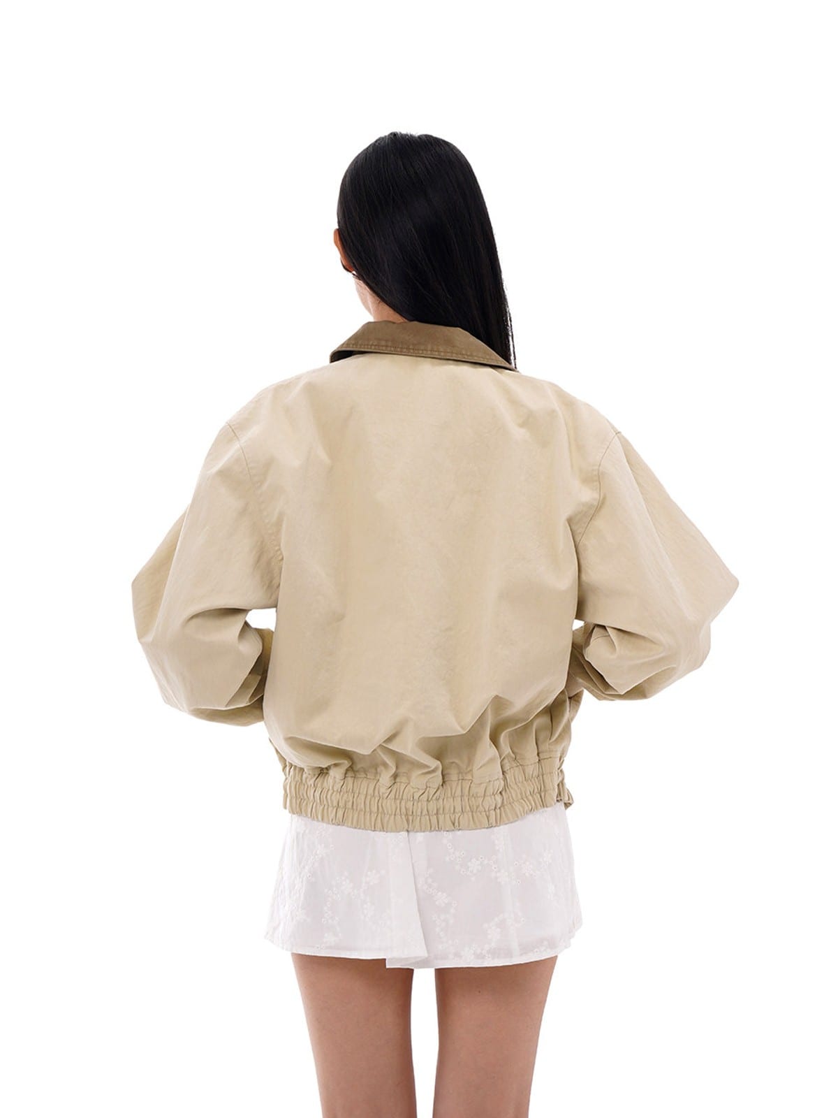SweetChilling Contrast Collar Harrington Jacket in Beige - On Female Model