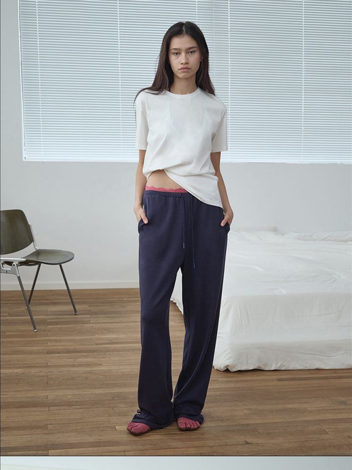 RARELY ALIKE Lace Waistband Adjustable Joggers in Navy Blue - On Female Model