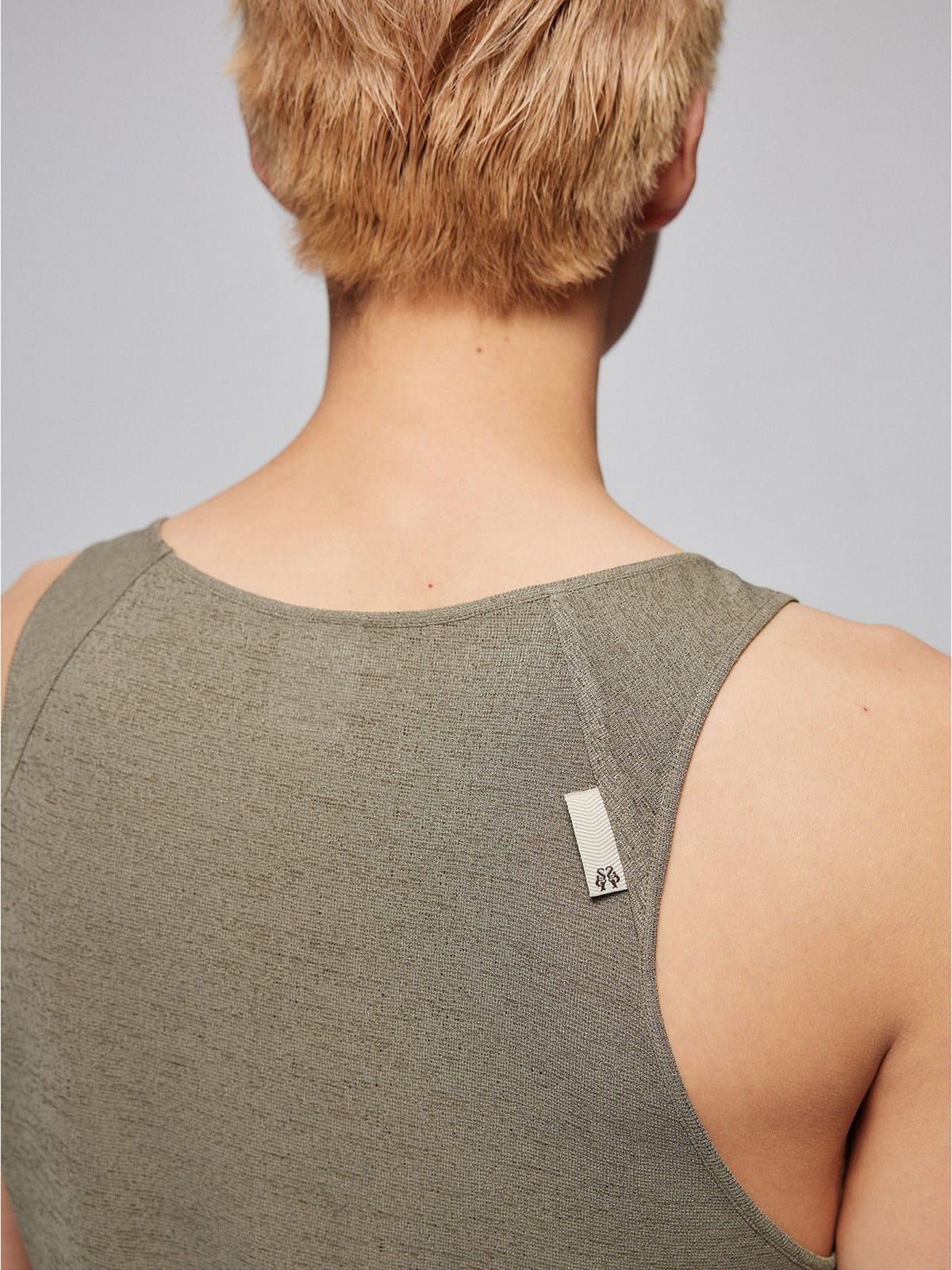 SIMPLE PROJECT Longline Stretch Knit Tank Top in Beige - On Model