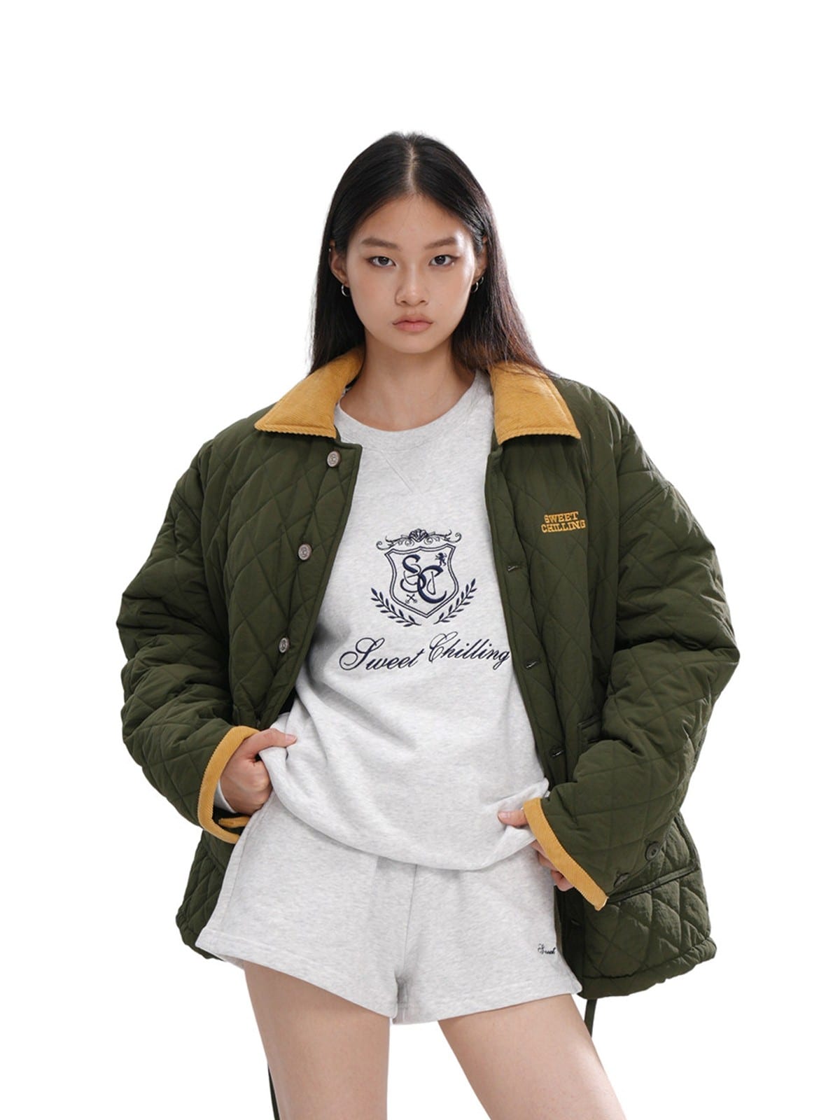 SweetChilling Quilted Contrast Collar Jacket in Green - On Female Model