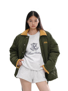 SweetChilling Quilted Contrast Collar Jacket in Green - On Female Model