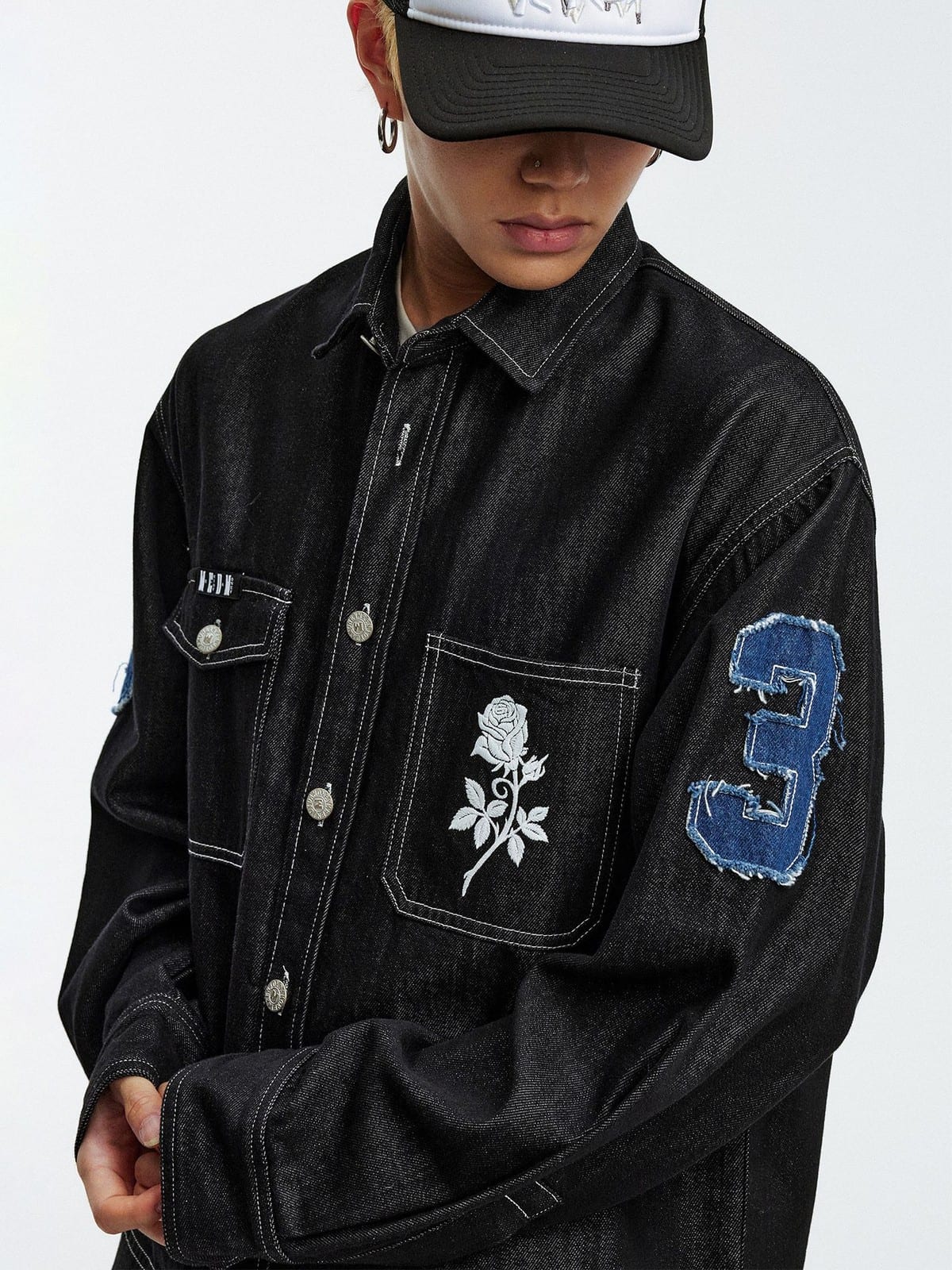 MEDM Lyocell Blend Logo Patch Denim Jacket in Denim - On Male Model