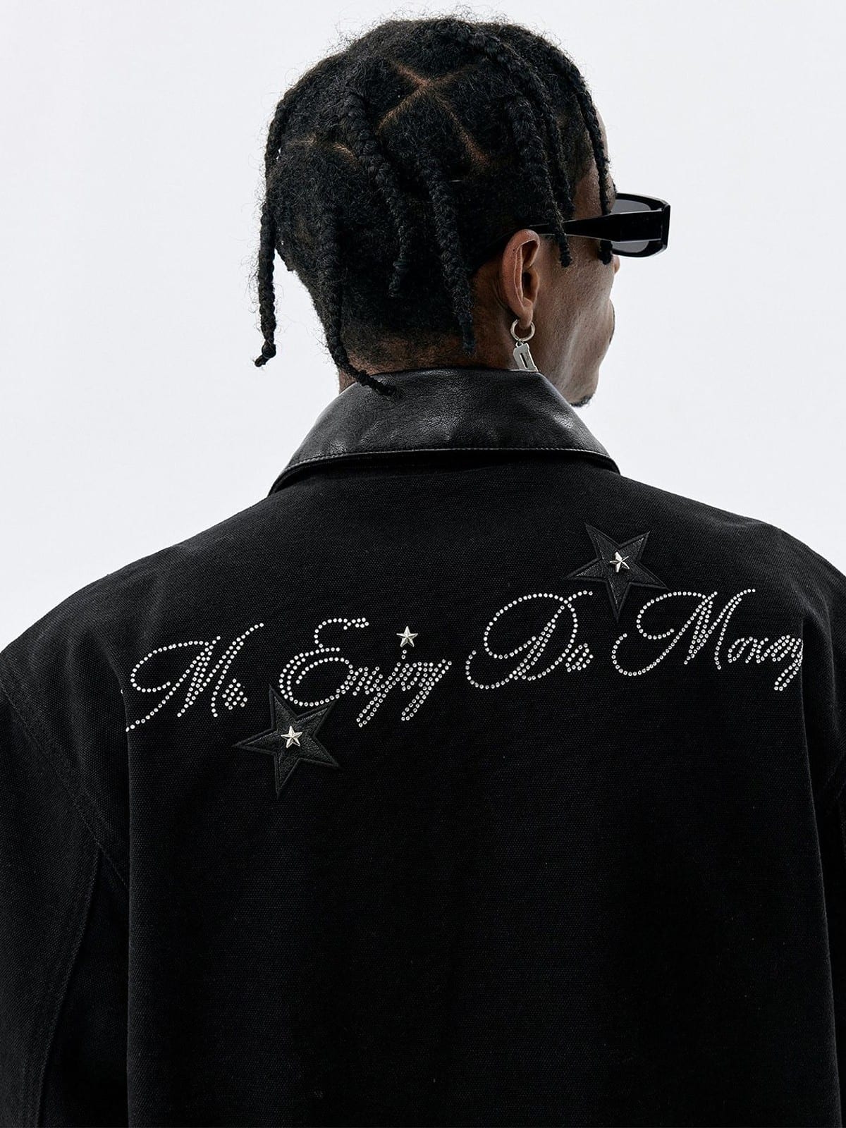 MEDM Leather Collar Star Appliqu Detroit Jacket in Black - On Male Model