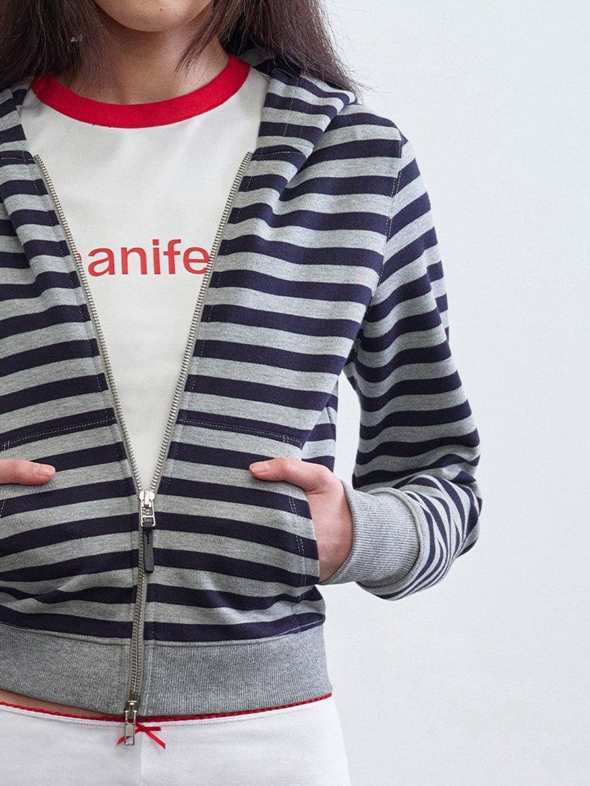 RARELY ALIKE Cropped Striped Zip Up Hoodie in Navy - On Female Model