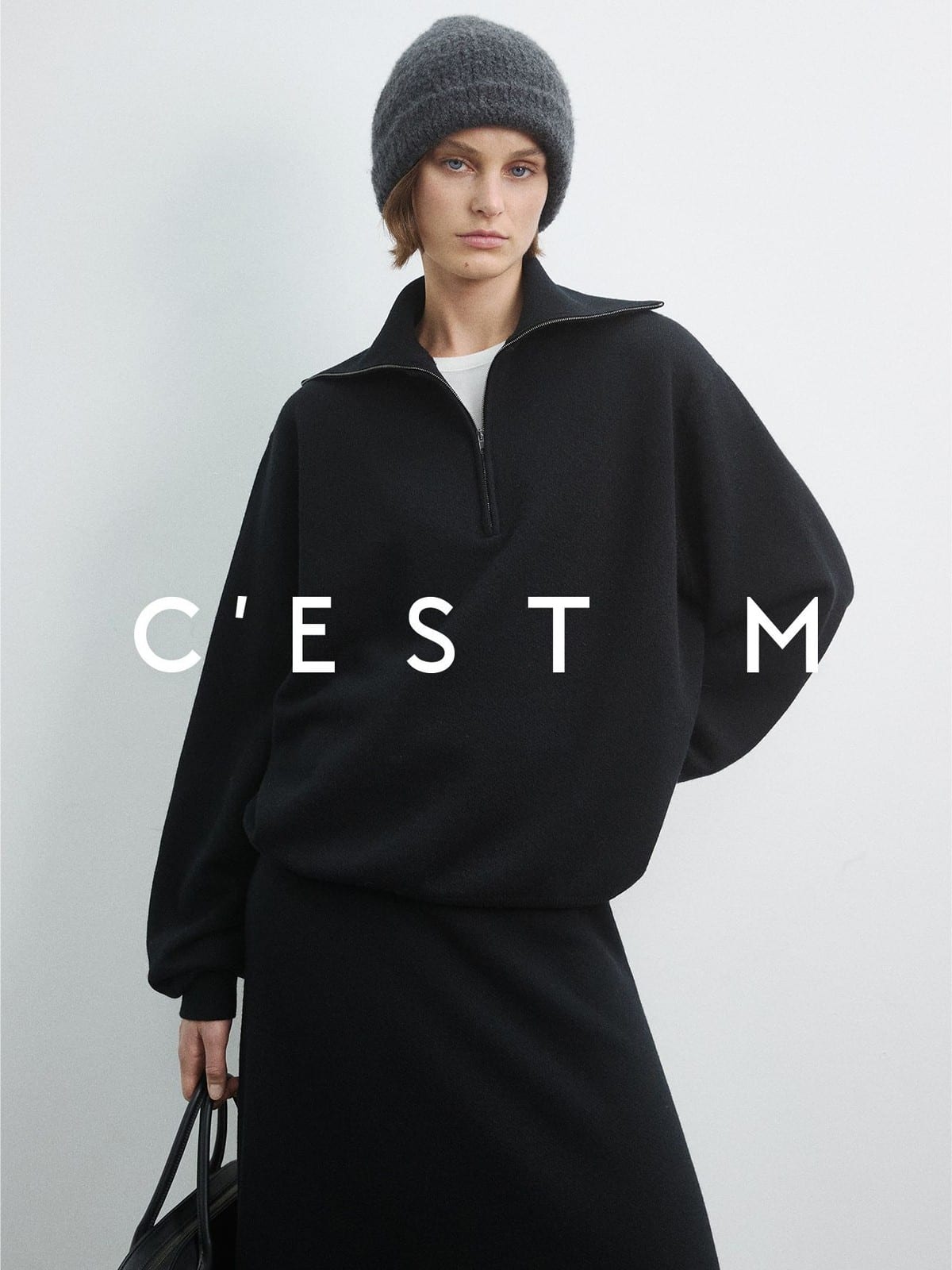 CEST M Half Zip Sweater A Line Skirt Set in Black - On Female Model