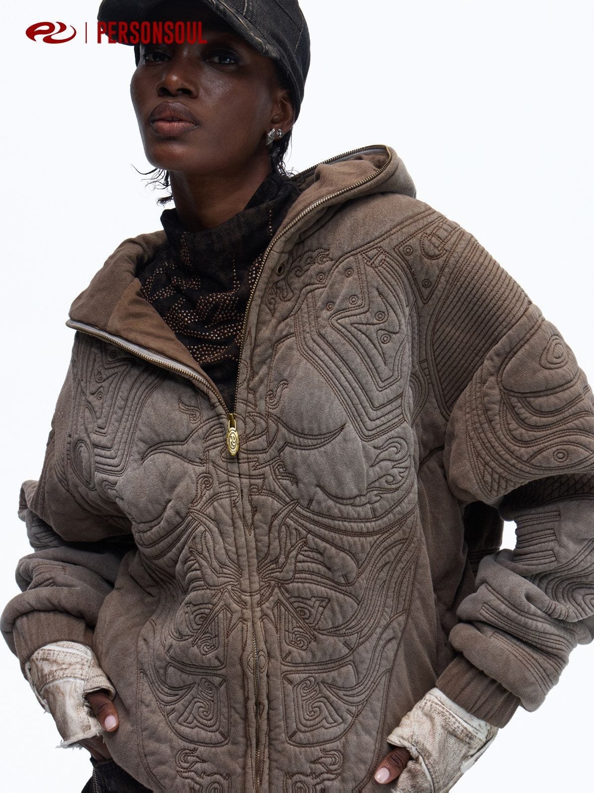 PERSONSOUL Totem Embroidered Distressed Hoodie in Brown - On Female Model