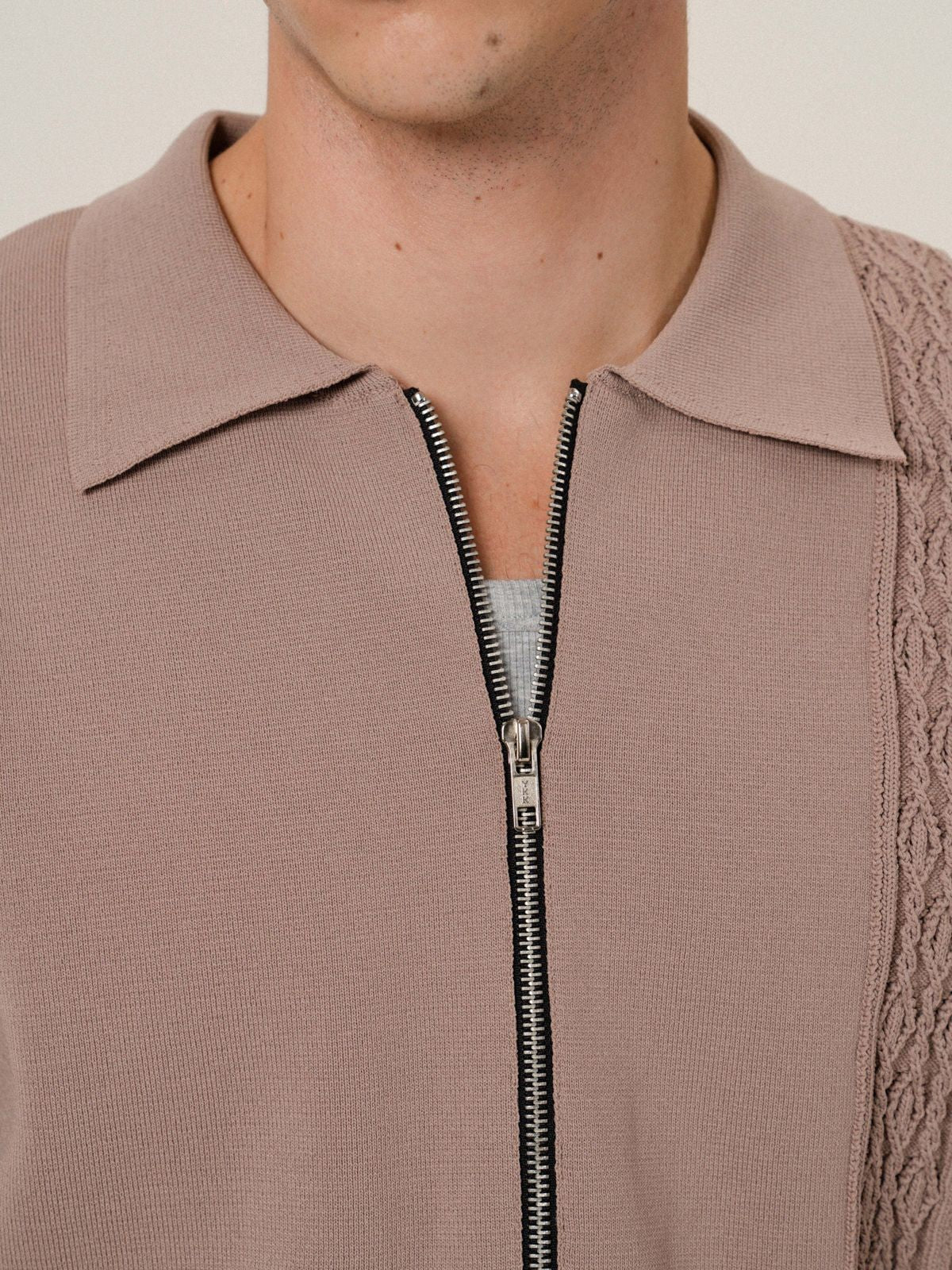 Retro 21 Jacquard Knit Double Zip Jacket in Brown - On Male Model